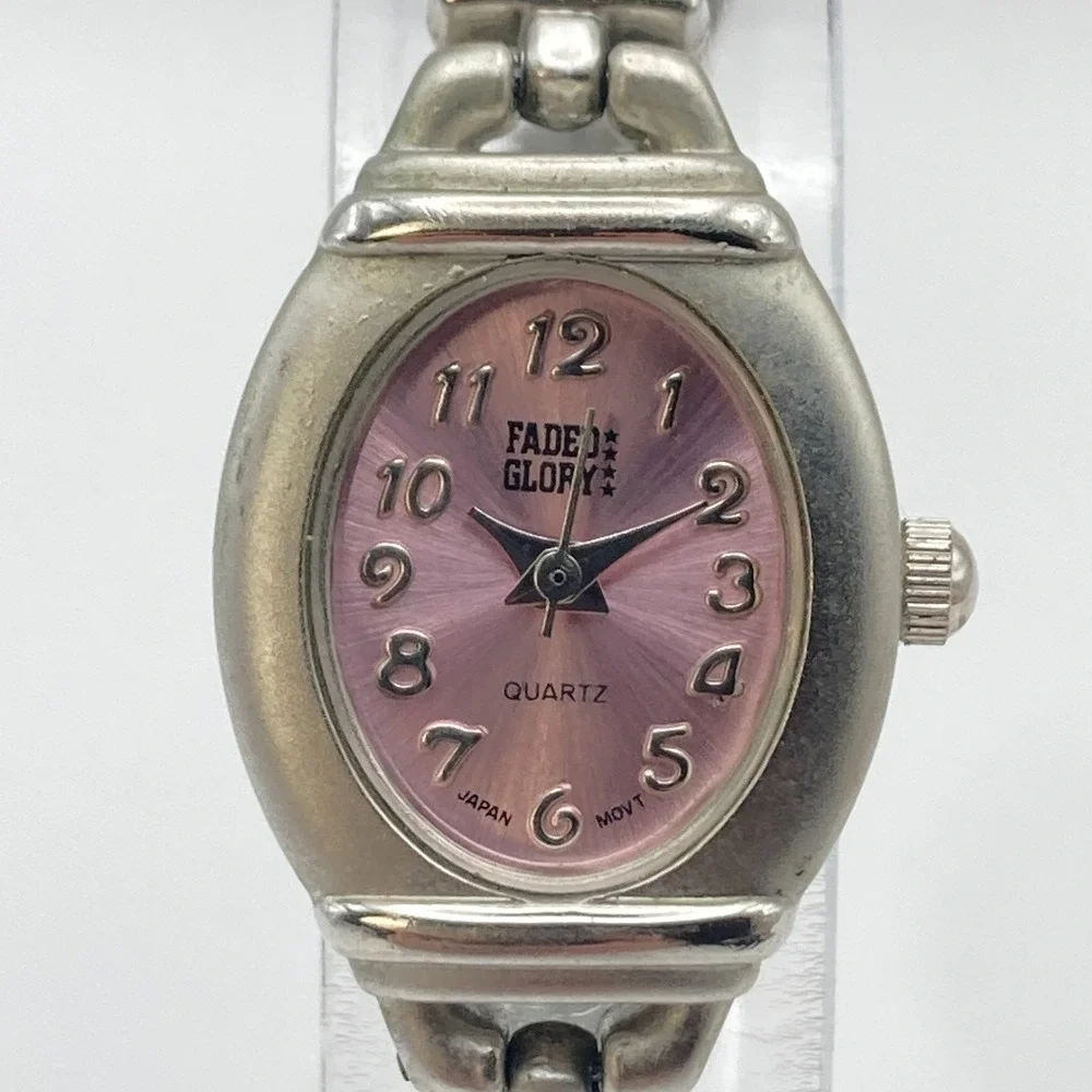 Vintage Faded Glory Women's Watch Matte Silver Tone Pink Oval New Battery 6.5